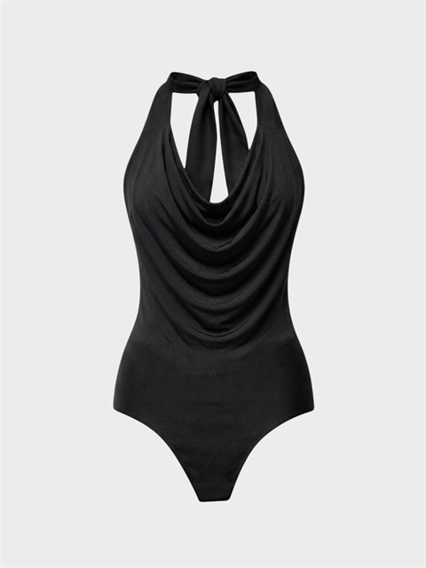 Sırt Dekolteli Kavisli Drape Detaylı Alttan Çıtçıtlı Body - Siyah