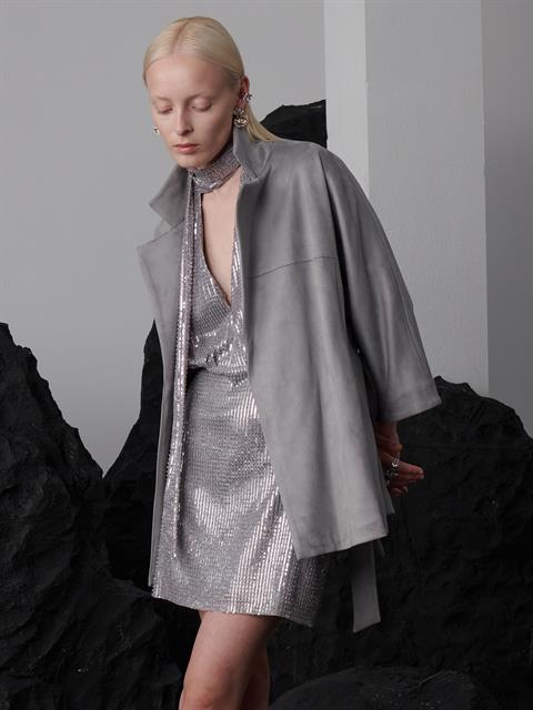 Süet Kuşaklı Kimono - Gri