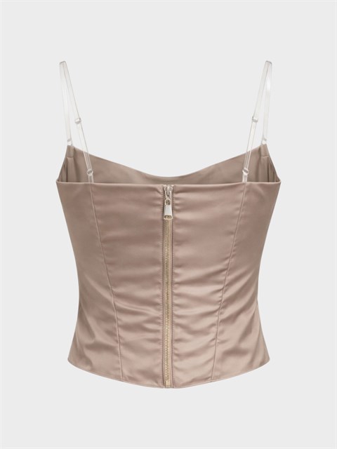 Taffeta Kumaş Görünümlü Drapeli Yaka Fermuarlı Büstiyer - Haki