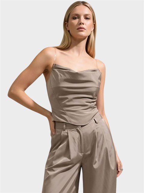 Taffeta Kumaş Görünümlü Drapeli Yaka Fermuarlı Büstiyer - Haki