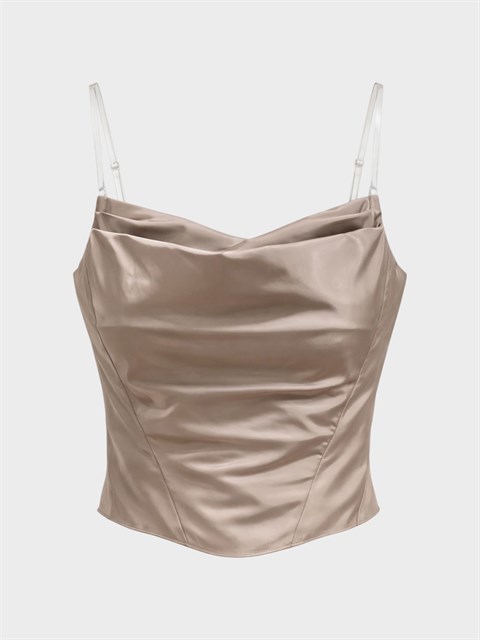 Taffeta Kumaş Görünümlü Drapeli Yaka Fermuarlı Büstiyer - Haki