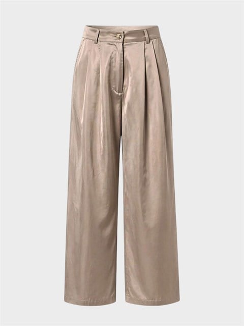 Taffeta Kumaş Görünümlü Pile Detaylı Geniş Paça Pantolon - Haki