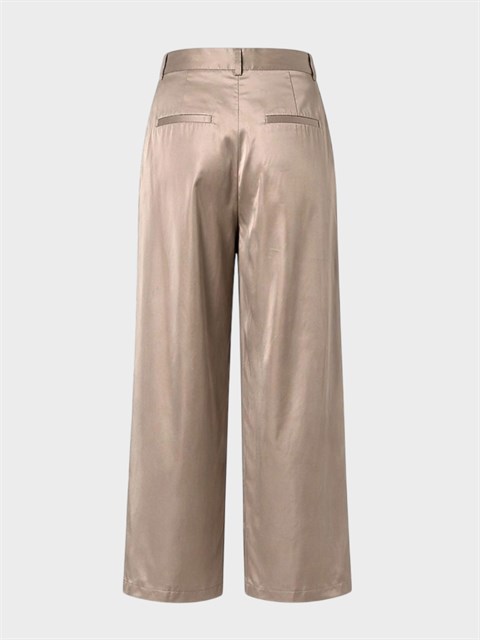Taffeta Kumaş Görünümlü Pile Detaylı Geniş Paça Pantolon - Haki