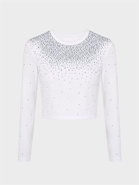 Taş Başkı Bisiklet Yaka Crop Bluz - Beyaz