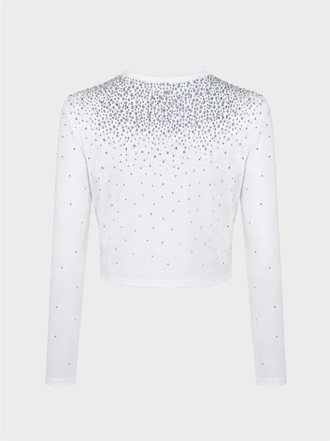 Taş Başkı Bisiklet Yaka Crop Bluz - Beyaz