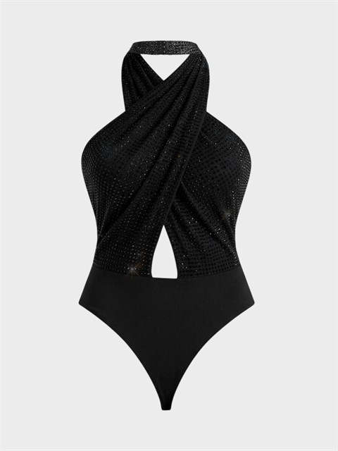 Taş Baskılı Çapraz Drapeli Sırt Dekolteli Alttan Çıtçıtlı Body - Siyah