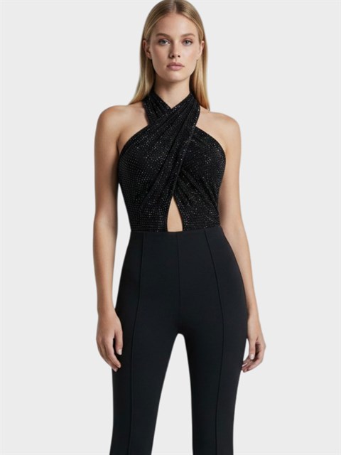 Taş Baskılı Çapraz Drapeli Sırt Dekolteli Alttan Çıtçıtlı Body - Siyah