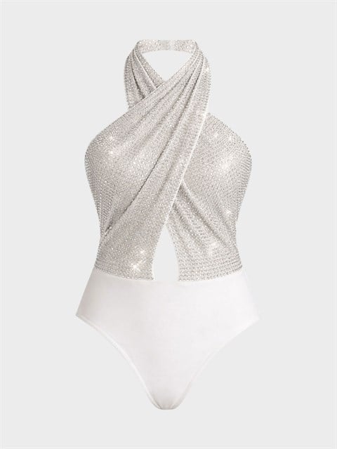 Taş Baskılı Çapraz Drapeli Sırt Dekolteli Alttan Çıtçıtlı Body - Ekru