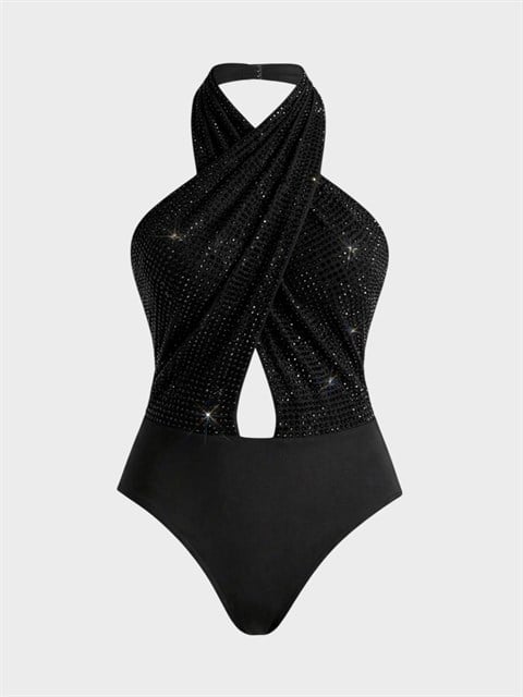 Taş Baskılı Çapraz Drapeli Sırt Dekolteli Alttan Çıtçıtlı Body - Siyah