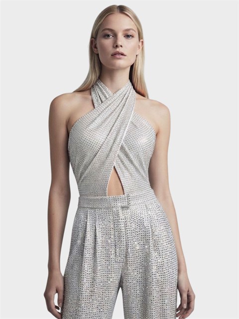 Taş Baskılı Çapraz Drapeli Sırt Dekolteli Alttan Çıtçıtlı Body - Ekru