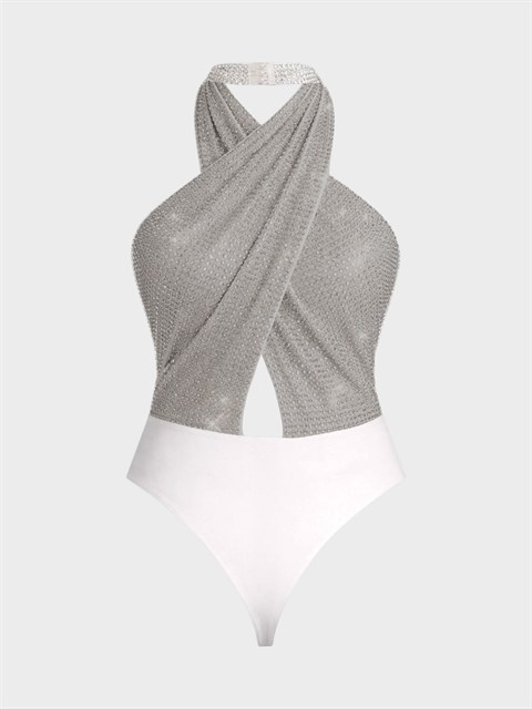 Taş Baskılı Çapraz Drapeli Sırt Dekolteli Alttan Çıtçıtlı Body - Ekru