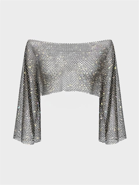 Taşlı File Bolero - Siyah