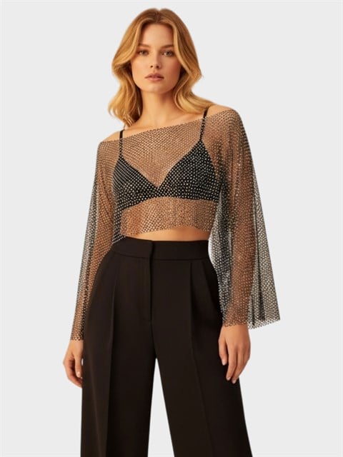 Taşlı File Bolero - Siyah