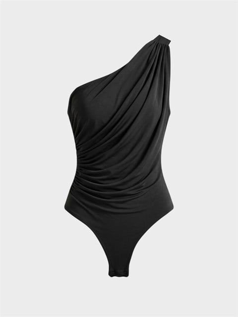Tek Omuzlu Drape Detaylı Şık Body - Siyah