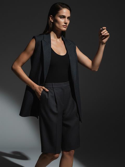 Uzun Blazer Yelek - Gri Çizgili