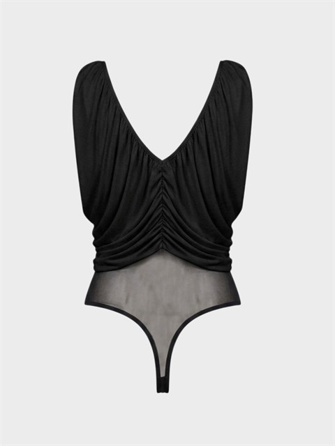 V Yaka Drapeli Düşük Omuz Çıtçıtlı Body - Siyah