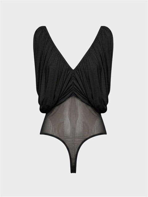 V Yaka Drapeli Düşük Omuz Çıtçıtlı Body - Siyah