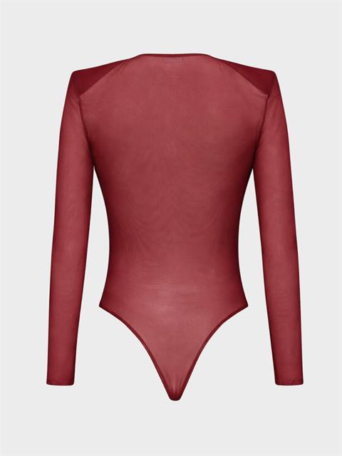 V Yakalı Büzgülü Uzun Kollu Transparan Tül Body - Bordo