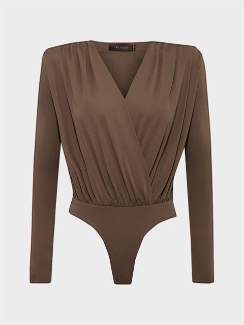 V Yakalı Büzgülü Uzun Kollu Body - Kahverengi