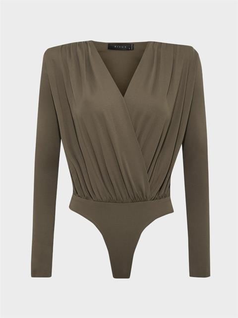 V Yakalı Büzgülü Uzun Kollu Vatkalı Body - Haki