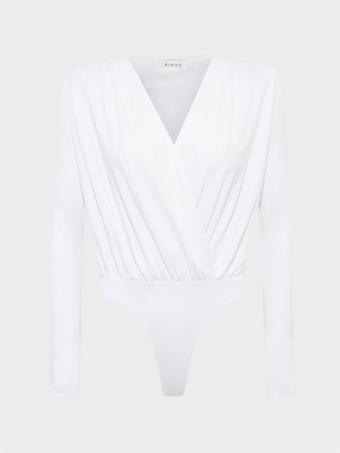 V Yakalı Büzgülü Uzun Kollu Vatkalı Body - Beyaz