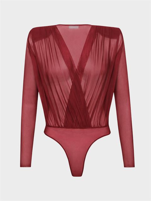 V Yakalı Büzgülü Uzun Kollu Transparan Tül Body - Bordo