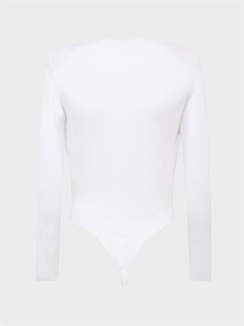 V Yakalı Büzgülü Uzun Kollu Vatkalı Body - Beyaz