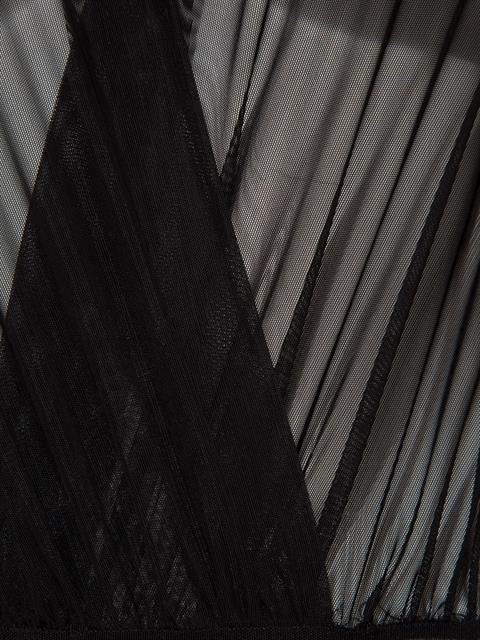 V Yakalı Büzgülü Uzun Kollu Transparan Tül Body - Siyah