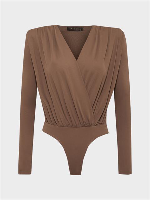 V Yakalı Büzgülü Uzun Kollu Body - Vizon