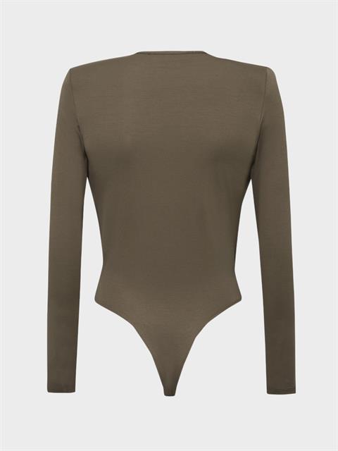 V Yakalı Büzgülü Uzun Kollu Vatkalı Body - Haki