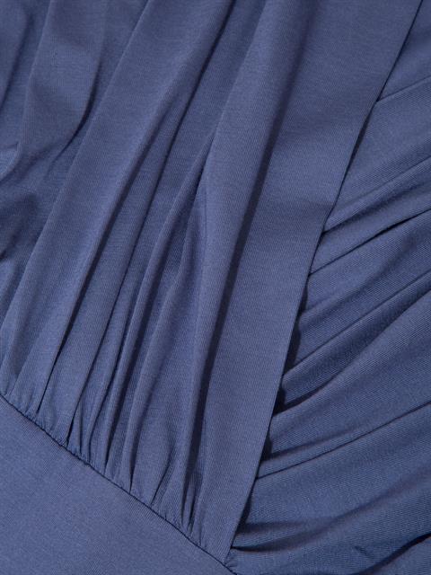 V Yakalı Büzgülü Uzun Kollu Viskon Body - Mavi