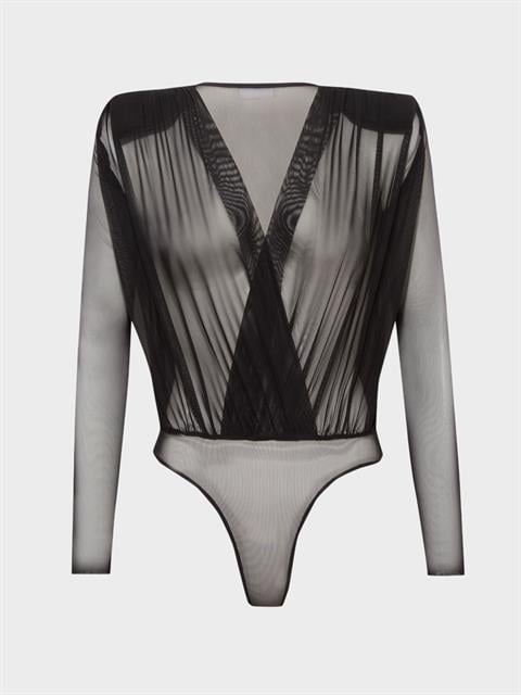 V Yakalı Büzgülü Uzun Kollu Transparan Tül Body - Siyah