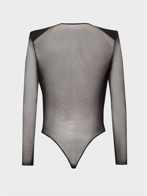 V Yakalı Büzgülü Uzun Kollu Transparan Tül Body - Siyah