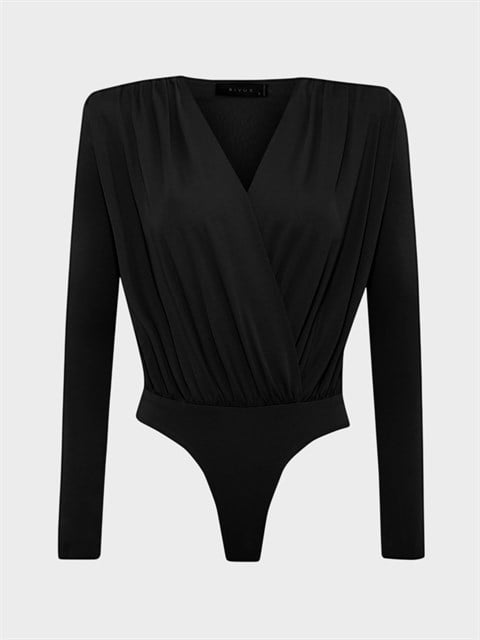 V Yakalı Büzgülü Uzun Kollu Body - Siyah