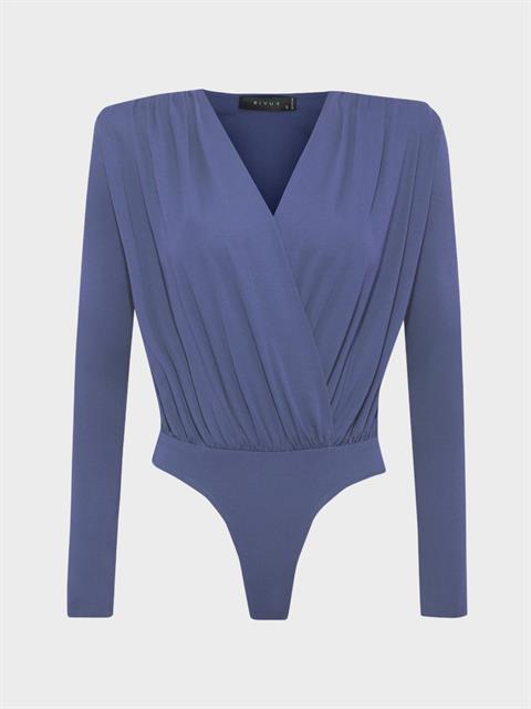 V Yakalı Büzgülü Uzun Kollu Viskon Body - Mavi