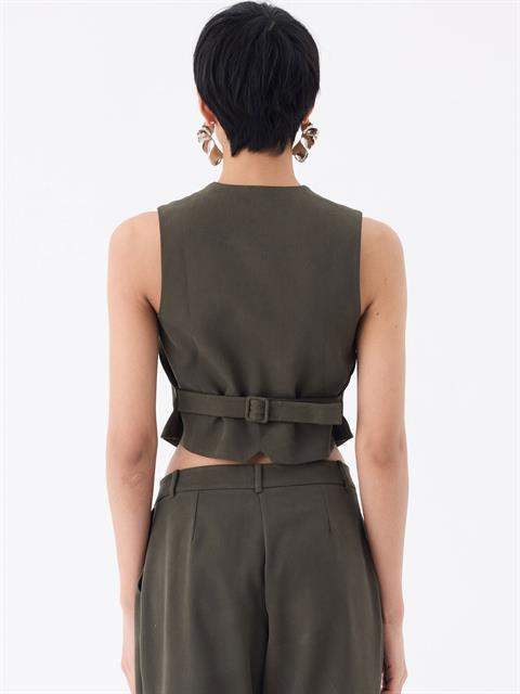 V Yakalı Fleto Cep Detaylı Yelek - Haki