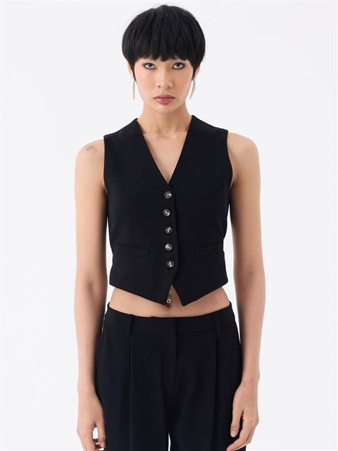 V Yakalı Fleto Cep Detaylı Yelek - Siyah