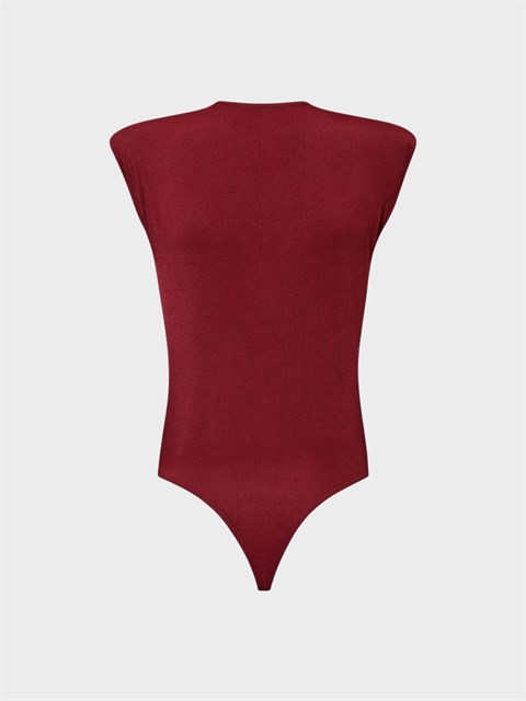V Yakalı Önü Büzgülü ve Omuzu Vatka Detaylı Body - Bordo