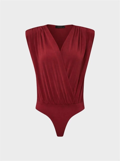 V Yakalı Önü Büzgülü ve Omuzu Vatka Detaylı Body - Bordo