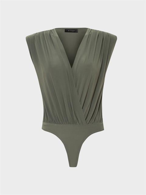 V Yakalı Önü Büzgülü ve Omuzu Vatka Detaylı Body - Haki