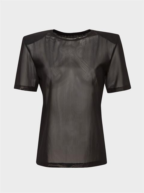 Vatkalı Bisiklet Yaka Tül T-Shirt - Siyah