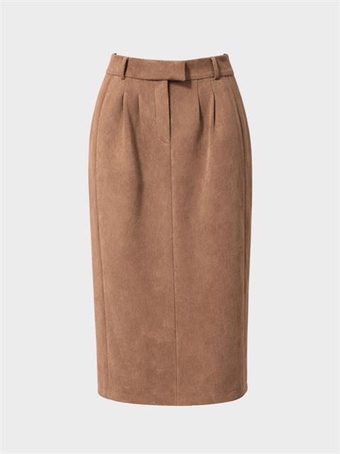 Yüksek Bel Düz Silüet Cep Detaylı Süet Etek - Kahve