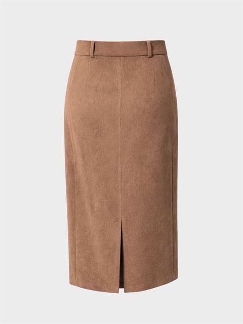 Yüksek Bel Düz Silüet Cep Detaylı Süet Etek - Kahve