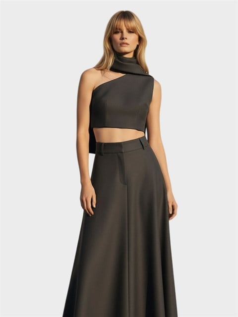 Yüksek Bel Maxi Boy Cepli Etek - Gri