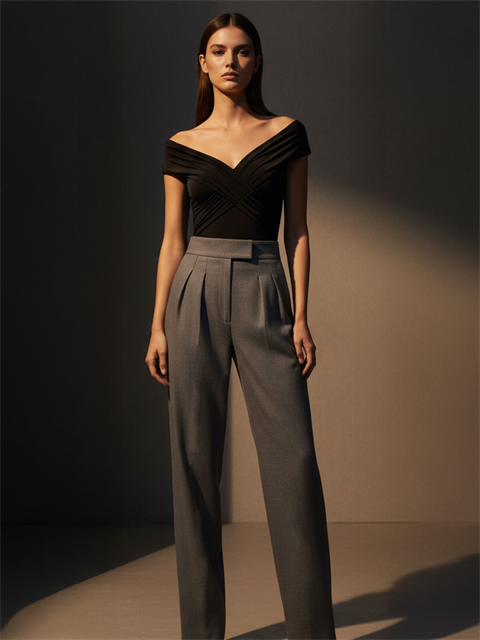 Yüksek Belli Nervür Dikişli Bol Paçalı Maxi Boy Pileli Pantolon - Gri