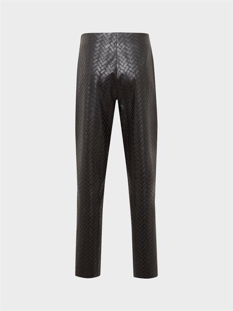 Yüksek Belli Nervür Dikişli Sigara Paça Vegan Örgü Deri Pantolon - Siyah