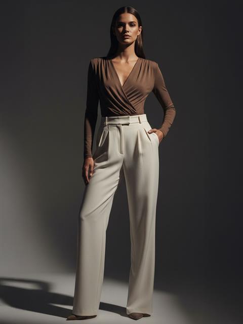 Yüksek Belli Nervür Dikişli Bol Paçalı Maxi Boy Pileli Pantolon - Ekru