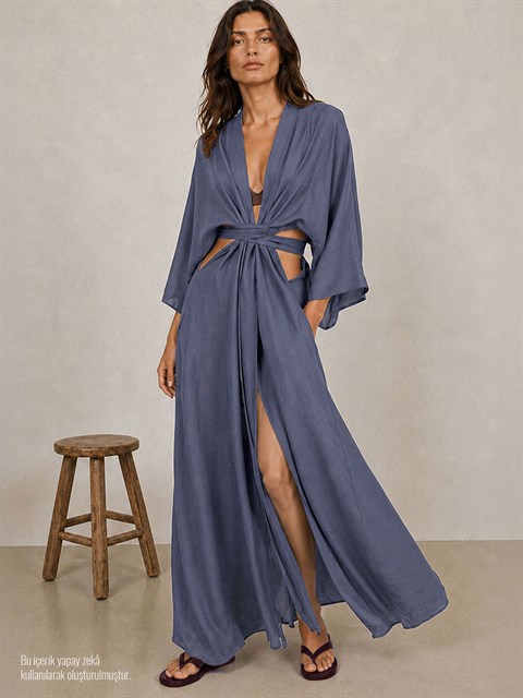 Beli Bağlama Detaylı Keten Kimono - İndigo