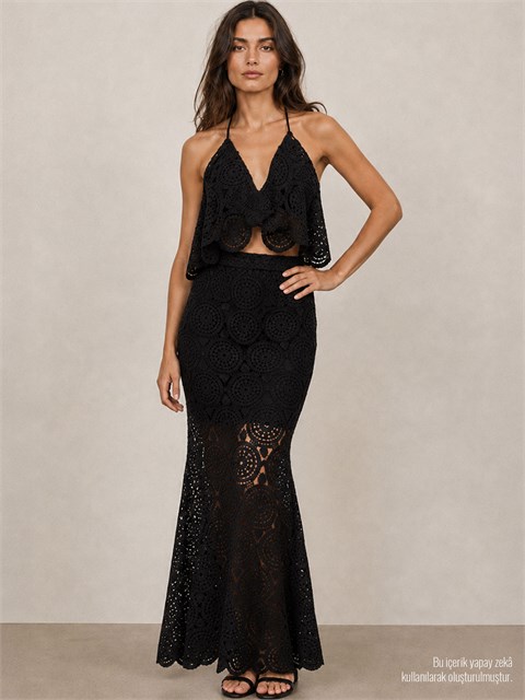 Boyundan Askılı Dantel Crop Bluz - Siyah