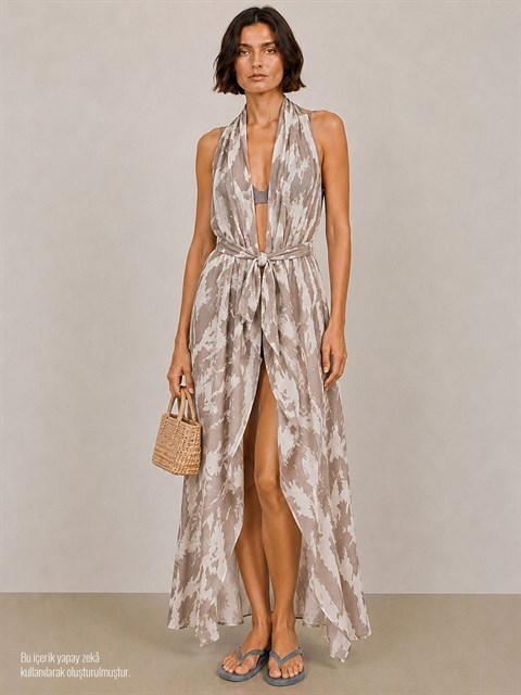 Halter Askı Detaylı Çöl Haresi Kimono - Desenli